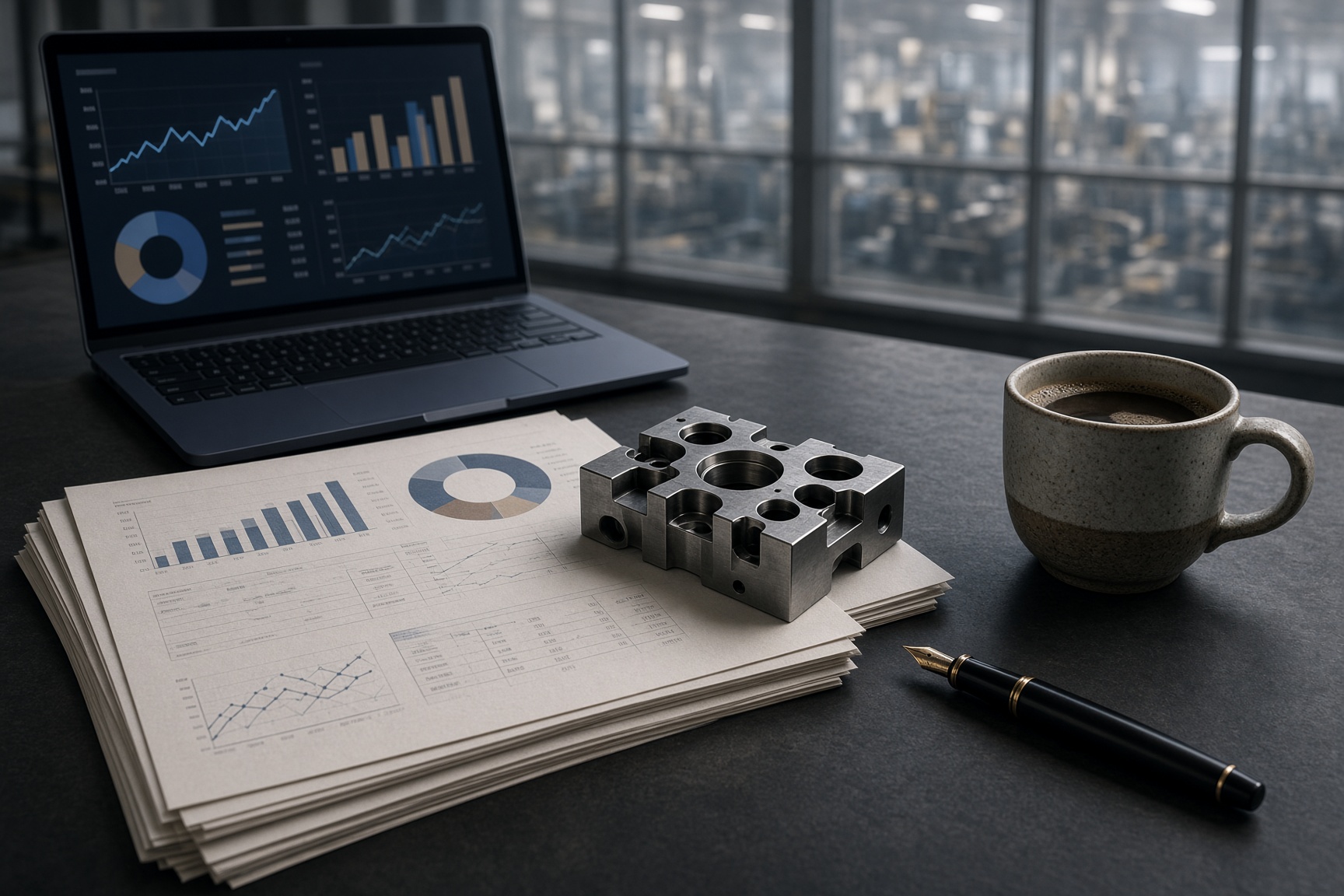 Controller's desk with financial reports and a machined metal part