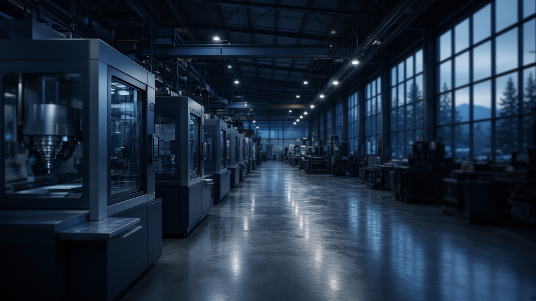 Precision manufacturing floor at dawn