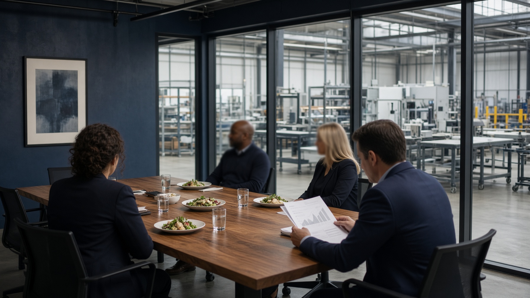 Finance leaders at a working lunch in an industrial conference room
